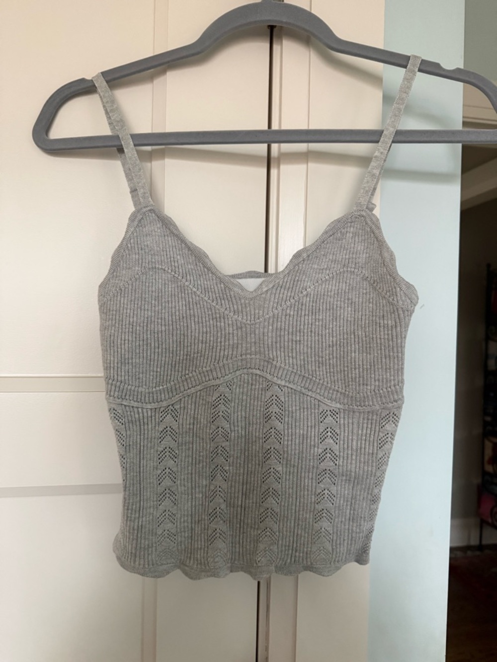 Pink Rose Gray Ribbed Knit Cami with Lace-Like Openwork